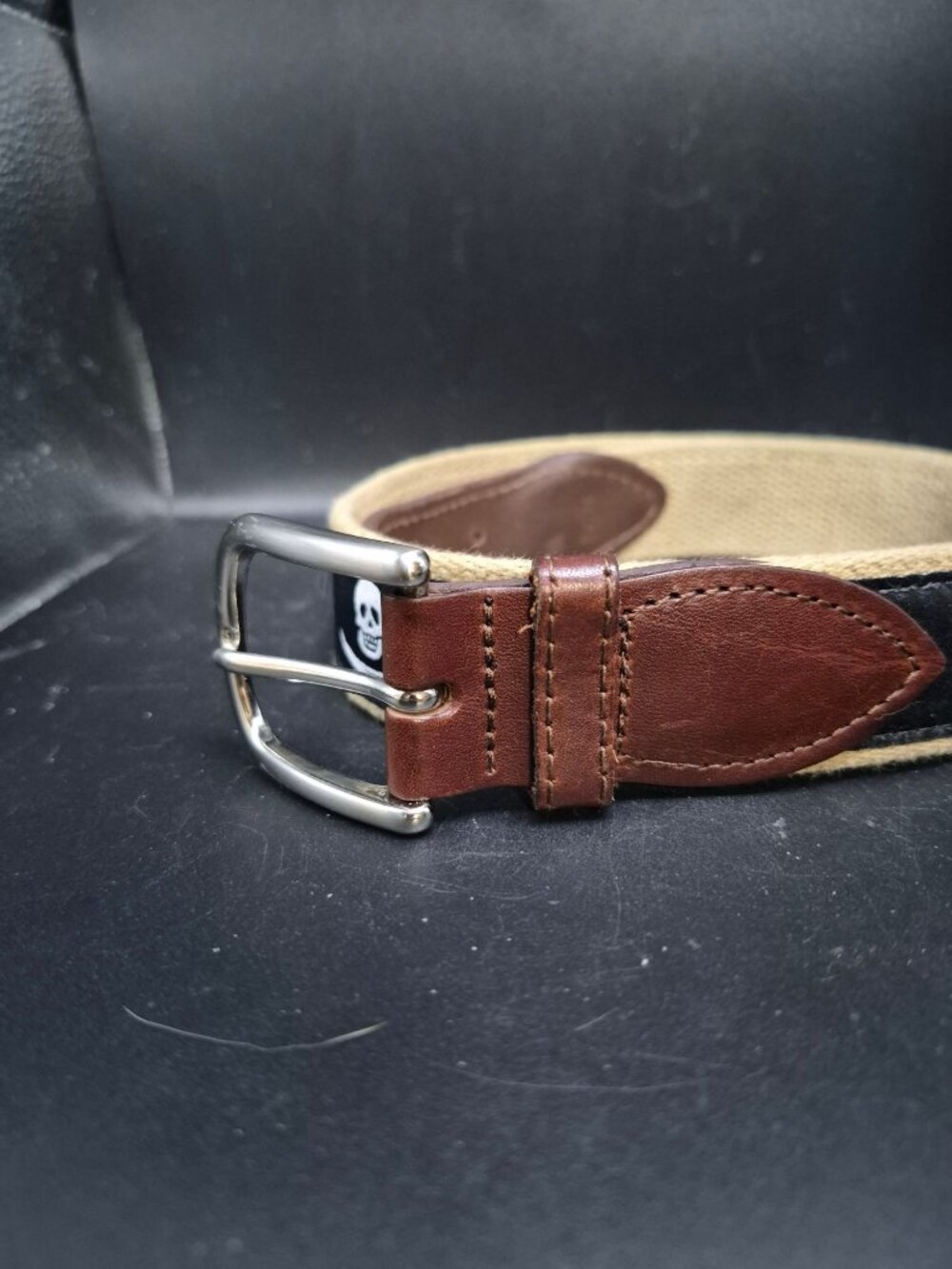Skull Canvas Belt Leather Accents 34/35 The Belted Cow Black Brown Jolly Roger